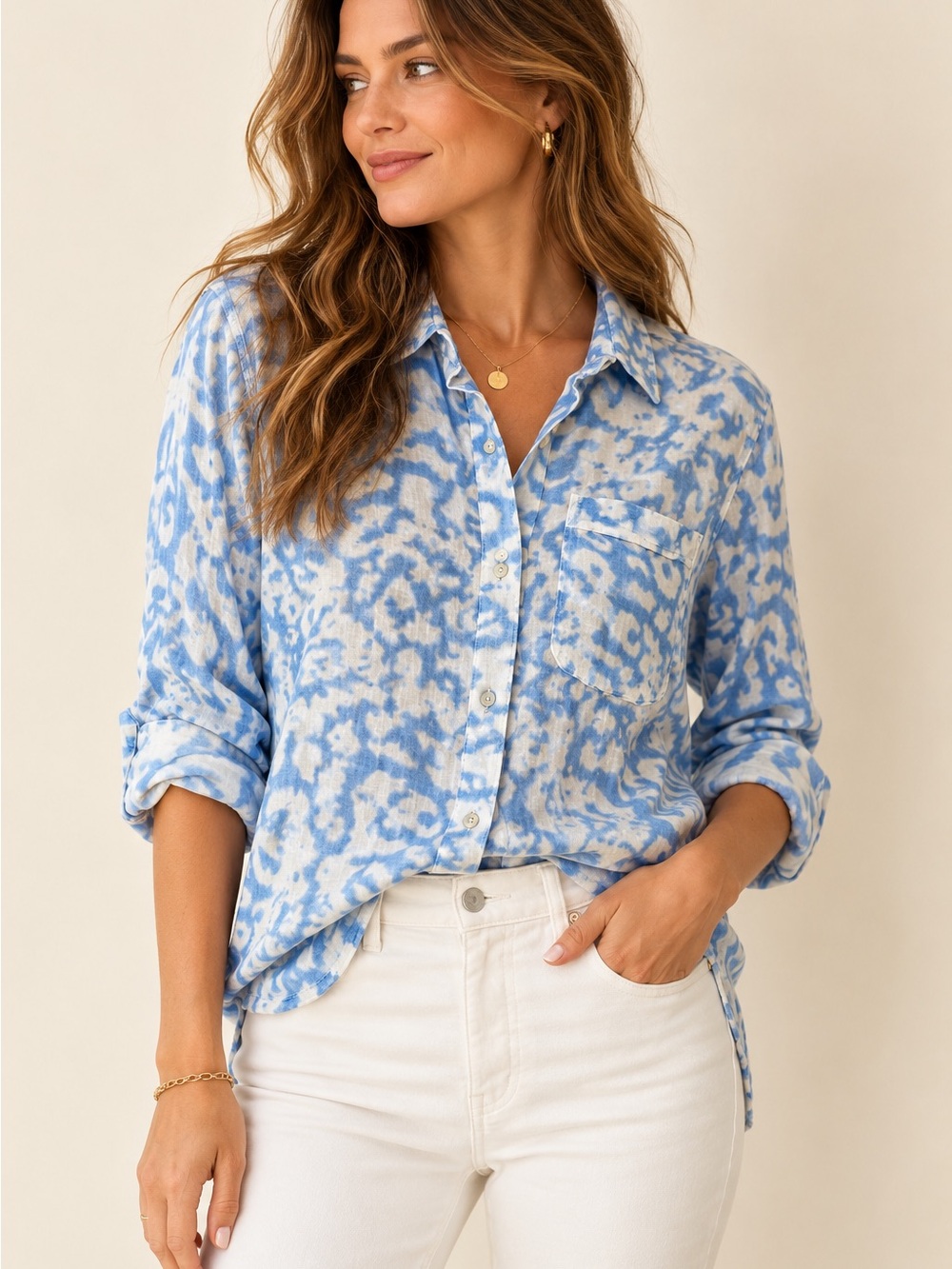 Rails Ellis Blue Diffused Cheetah Cotton Gauze Button Up Shirt S